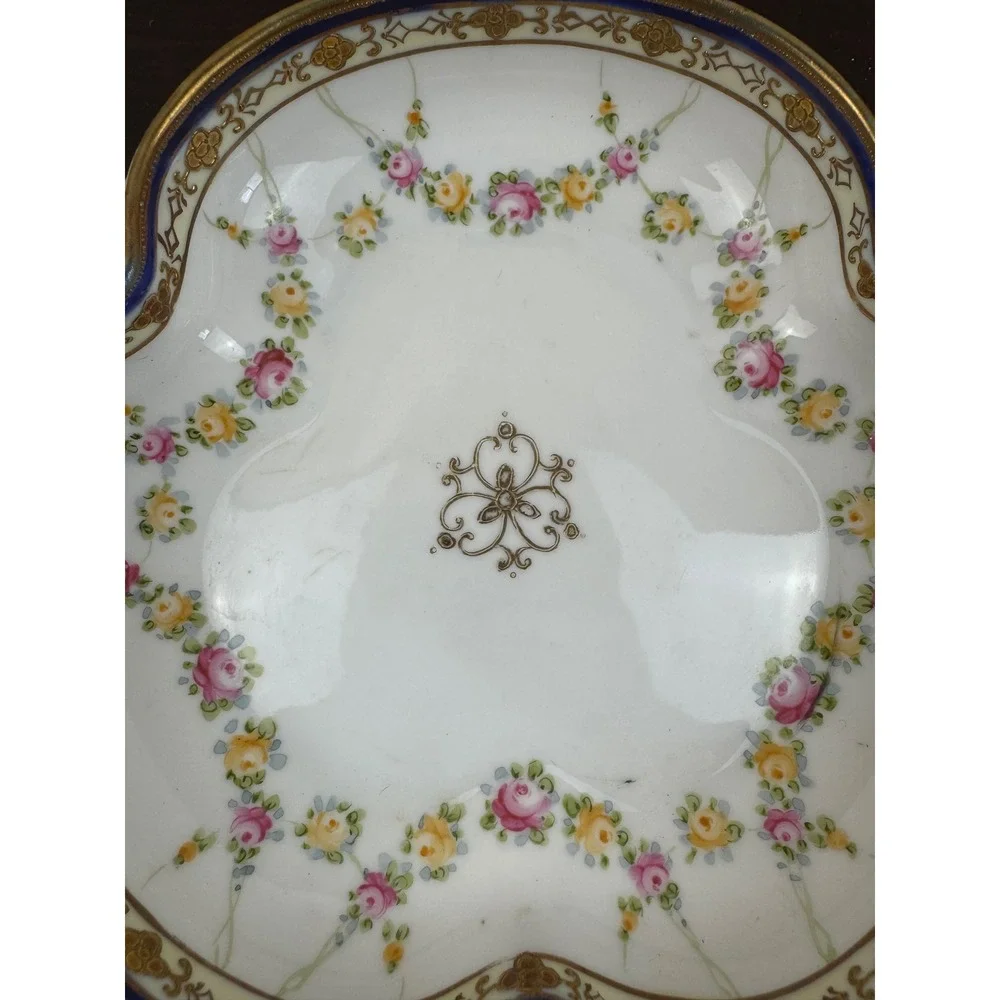 Antique Nippon Hand Painted Porcelain Floral Dish Gold Gilt Cobalt Blue